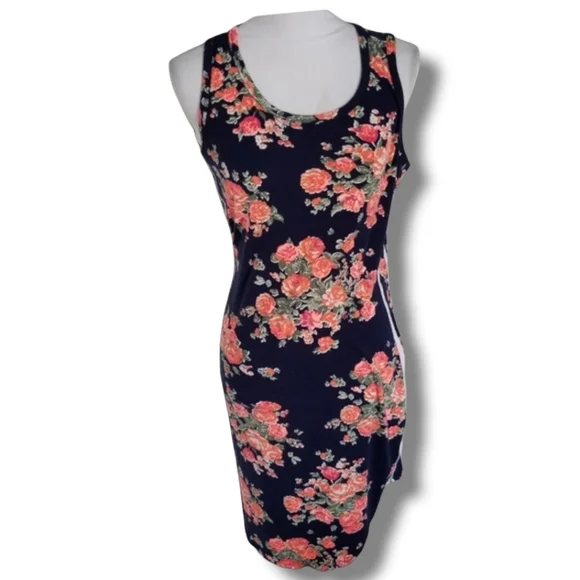 Vintage Dresses | Vintage Black Sheath Bodycon Dress 90s Colorful Floral Sleeveless Cocktail Midi | Color: Black/Orange | Size: L | Ladybugbundles's
